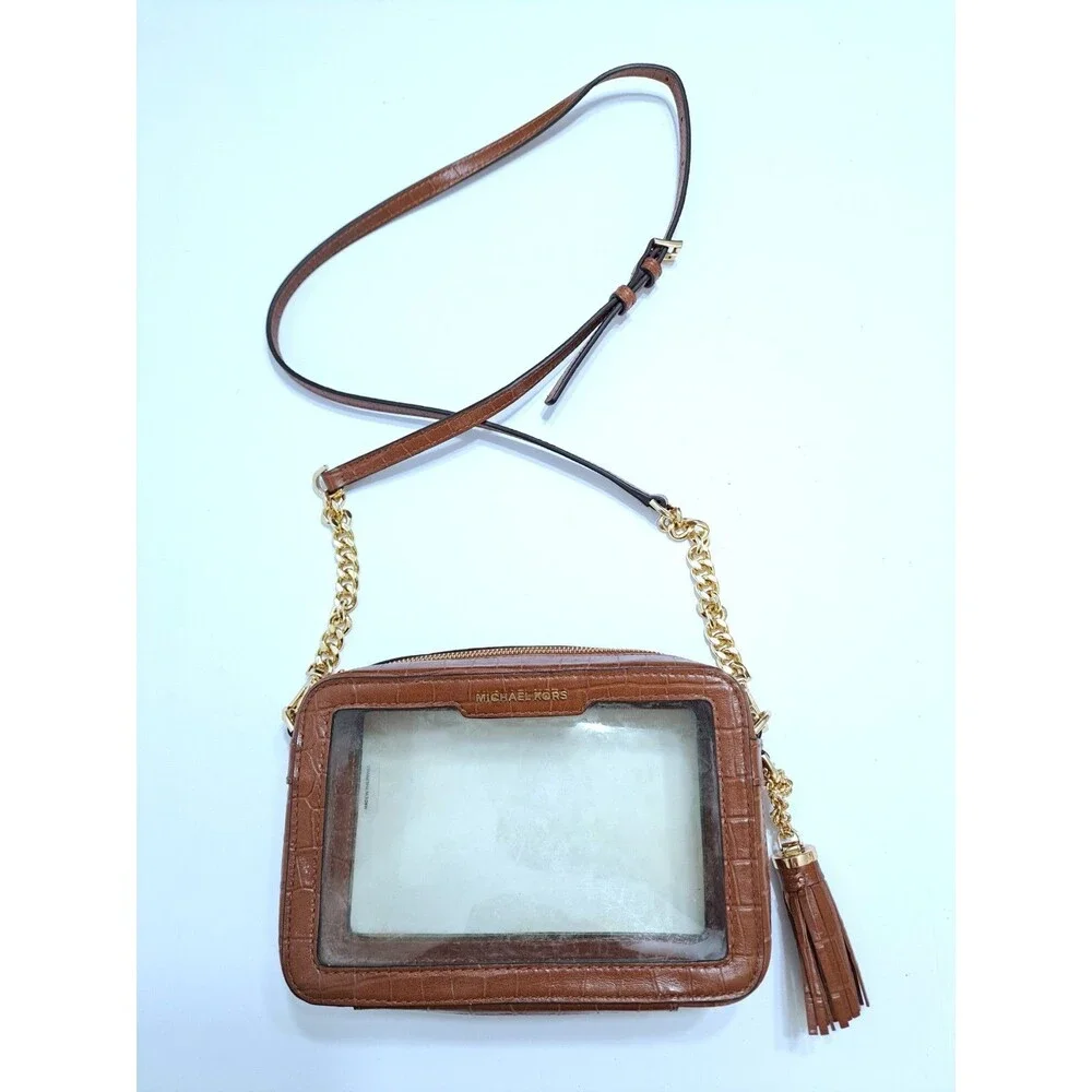 Michael Kors Clear Crossbody Bag Zip Gold Chain Brown Leather Stadium Ginny Jet